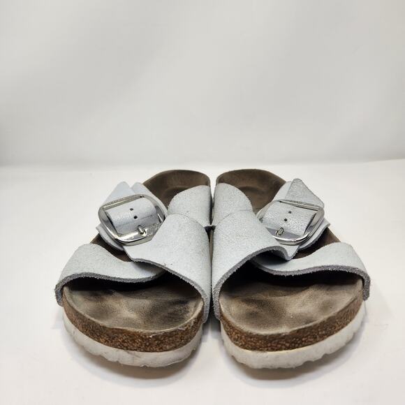 Birkenstock Siena Big Buckle Sandal Crossed Strap White Metallic Suede Size 41 - Picture 3 of 9